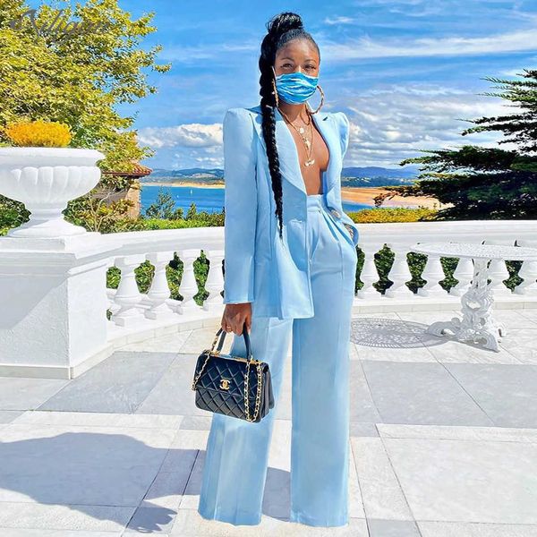 

women's casual two-piece v-neck long-sleeved high waist, full-length wide-leg pants, loose office suit 210527, White