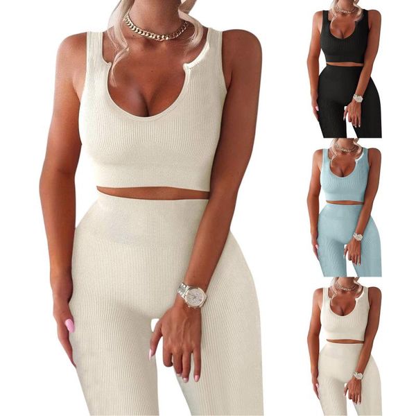 

yoga outfit women sports set leggings two-piece sleeveless seamless ribbed crop tank high waist pants sets conjunto deportivo mujer