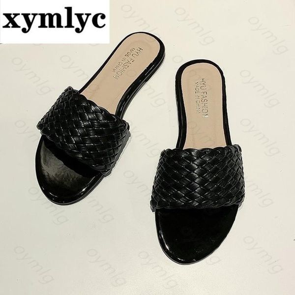

summer sandals women's fashion slippers wear flat woven wild zapatillas mujer casa sapatos mulher, Black