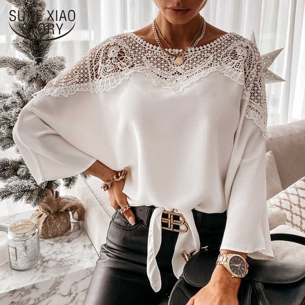 Crochet Bordado Lace Blusas Mulheres Primavera Sexy Lace Costura Branco Camisas Vintage Plus Size Ladies Tops Blusas 12459 210528