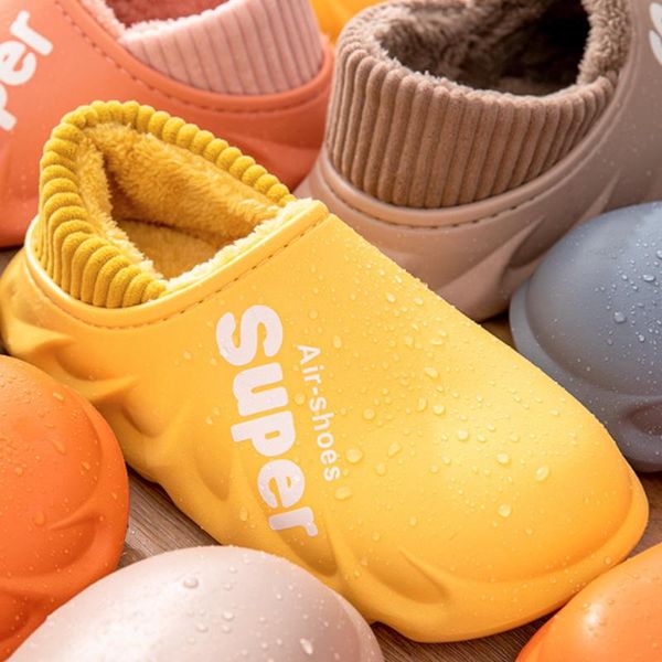 

slippers shoes winter women men waterproof home couples non-slip plush cotton indoor outdoor cozy thick, Black