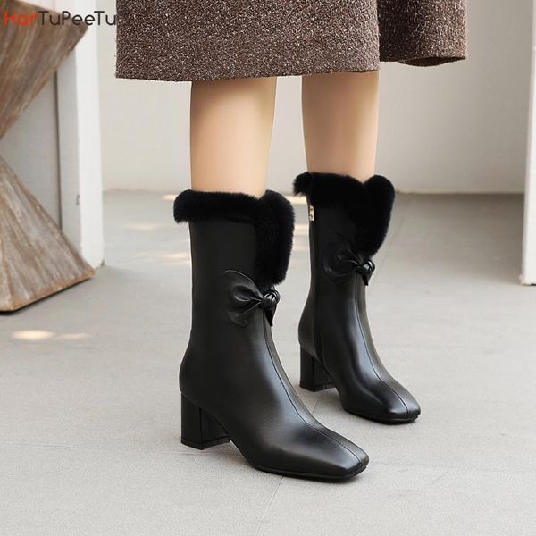 

boots luxury mid-calf riding women elegant platform high heel footwear winter plush lining square toe bow 3~18 faux leather shoe, Black