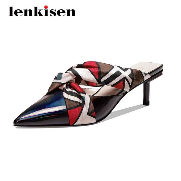 

dress shoes lenkisen genuine leather european style mixed cloth riband pointed toe thin high heel slip on mules slingback women pumps l35, Black