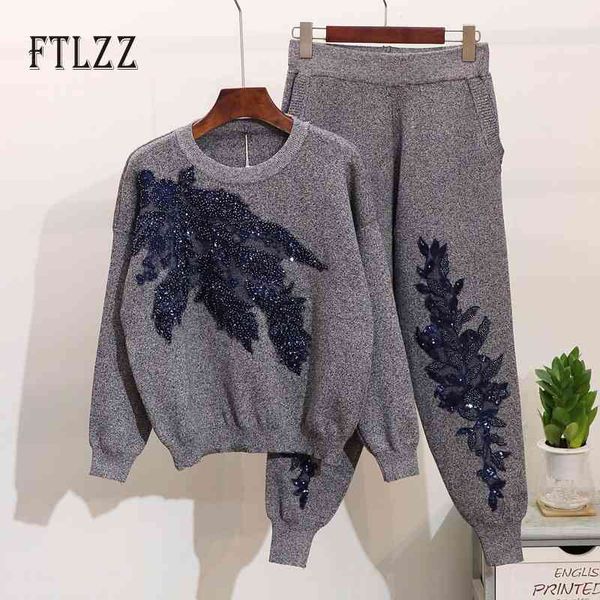 

women vintage embroidered sequins two piece set autumn long sleeve sweaters + casual pants outfit woman knitted tracksuit 210602, White