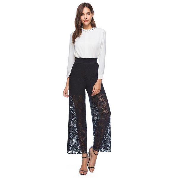 

women's pants & capris women loose wide leg lace hollow out trim high elastic waist female summer wear casual trousers, Black;white