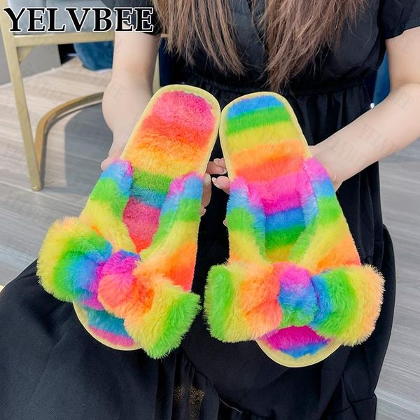

slippers 2021 winter casual flip flops luxury warm fur fashion flats soft plush shallow slides mujer women home cotton shoes, Black