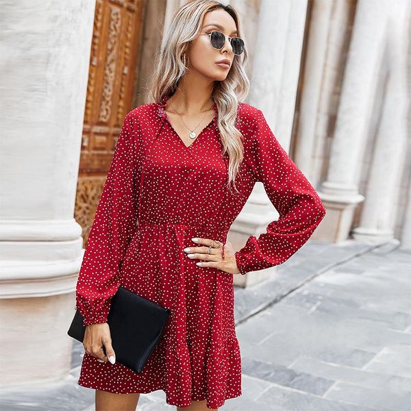 

casual dresses women's mini dress autumn long sleeve print dot short for ladies 2021 vintage v-neck high waist woman clothing, Black;gray