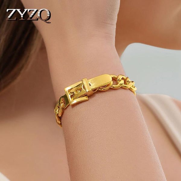 

link, chain zyzq trendy jewelry metal bracelet for women belt buckle punk hand bangles wristband boy cocktail party gift, Black