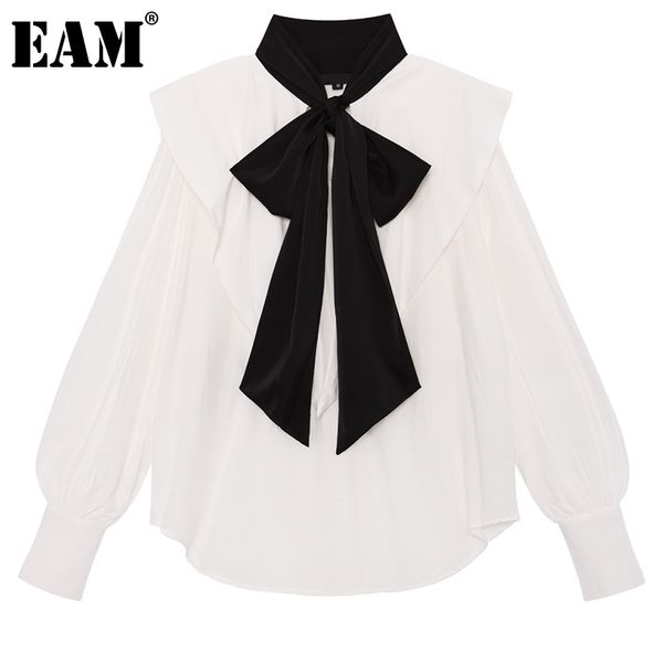 

[eam] women white brief bandage bow big size blouse lapel long sleeve loose fit shirt fashion spring autumn 1dd6919 21512