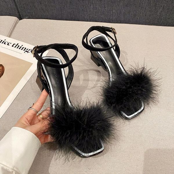 

sandals female sandal clear heels 2021 women's open toe tassel med ladies shoes summer girls peep block fringe medium comfort beige, Black