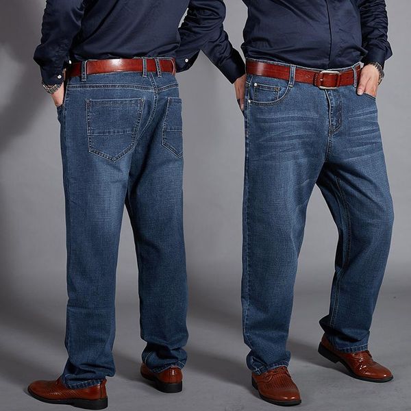 

men's jeans classic men straight loose large size autumn winter thick business casual pants male high-end brand denim trousers, Blue