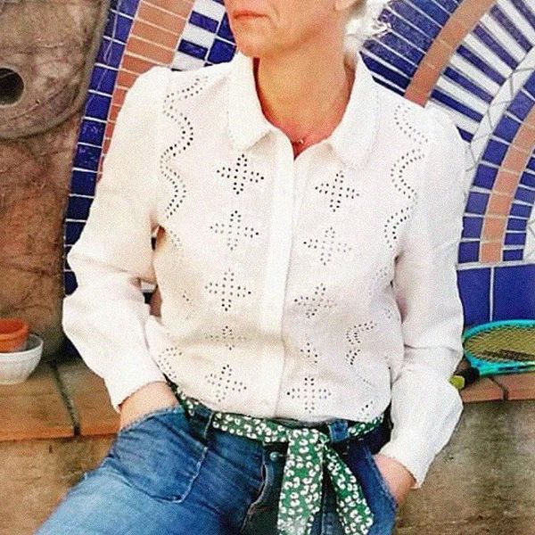 

women's blouses & shirts hollow out femme long sleeve lace patchwork blouse turn down collar mujer chic chemisier elegant hauts, White