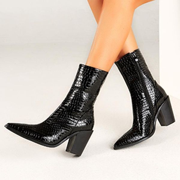 

boots women shoes snakeskin pattern 2021 pointed toe high heels quality sexy, Black