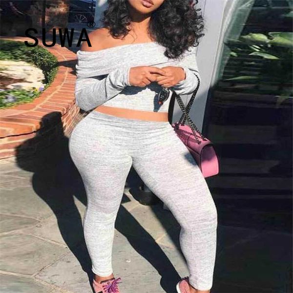 

classic gray womens tracksuit set slash collar long sleeve pullover crop skinny pants trousers club outfits 2 pieces 210525, White