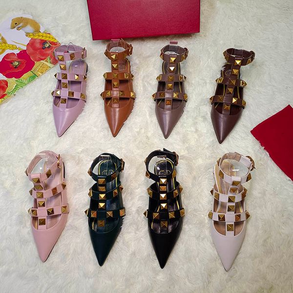 

35-43 women's sandal elegant summer sandals pointed toe flat heel rivet genuine leather luxury shoes for women h01, Black