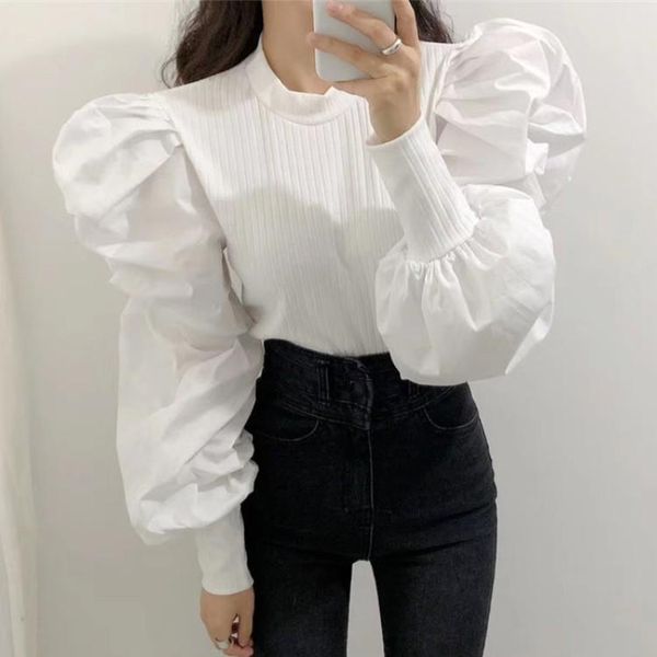 

women's sweaters elegant autumn puff long sleeve shirt blouse spring women knitted pullover solid female chic blusas mujer, White;black