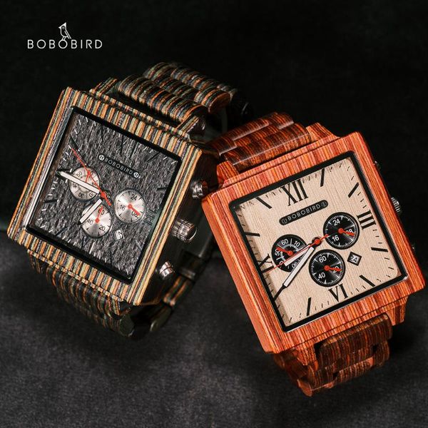 

wristwatches bobo bird square luxury wooden wristwatch chronograph men watch japanese movement male clock relogio masculino with wood box, Slivery;brown