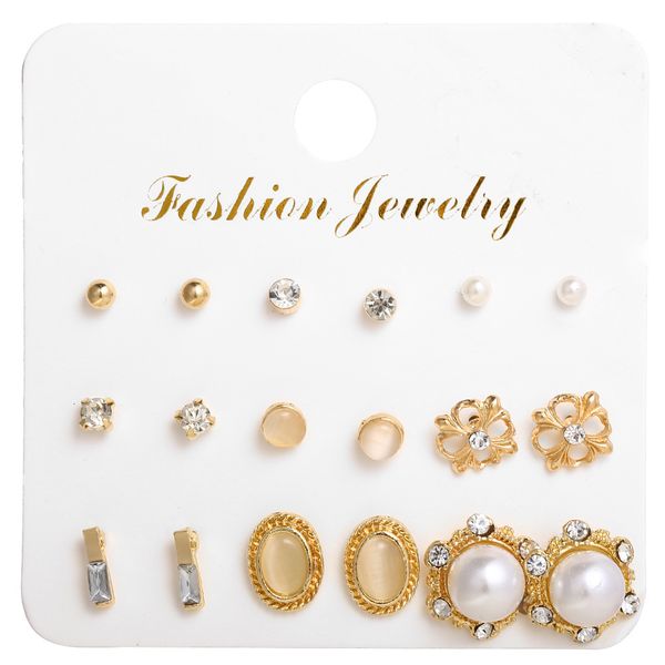 

charms earrings 050060 pearl diamond combination of various styles, simple flower , 9 pairs suit, Golden