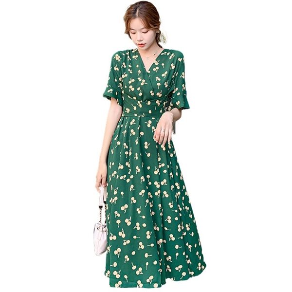 

3xl fashion women dress summer style high waist long chiffon temperament v-neck mid-length plus size 210520, Black;gray