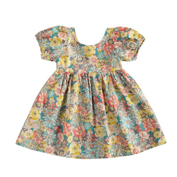

girl's dresses summer infant kids baby girls short sleeves dress flower print elastic strap clothing, Red;yellow