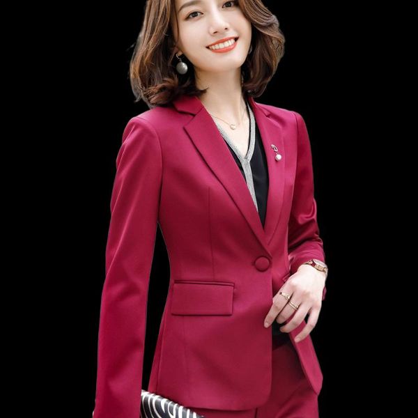 

women pants suit elegant 2021 autumn and winter wine red blazer pant two piece ensemble veste et pantalon femme host costume women's, White