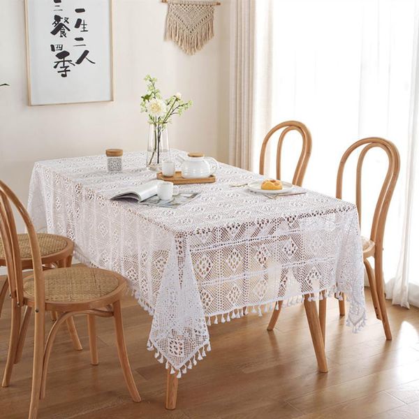 

table cloth white tablecloth crochet hollow coffee for living room rectangle fabric tassel lace party home decorative mat