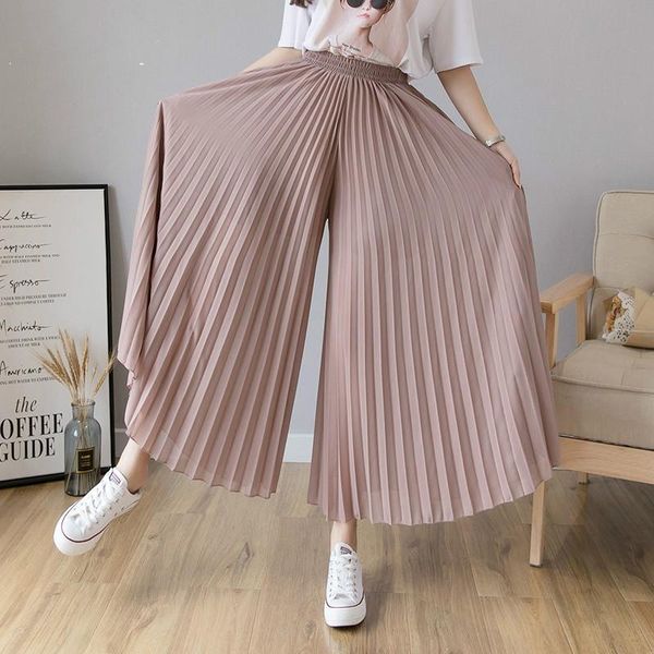

women's pants & capris [ewq] 2021 summer thin elastic waist chiffon pleats wide leg korea plus size all-match women 3 color 6 xl qv357, Black;white