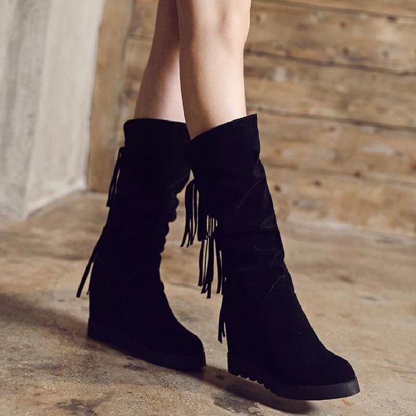 

boots magical2021 spring, autumn and increase medium boot women's large 40-43 thiened plush winter tassel small size, Black