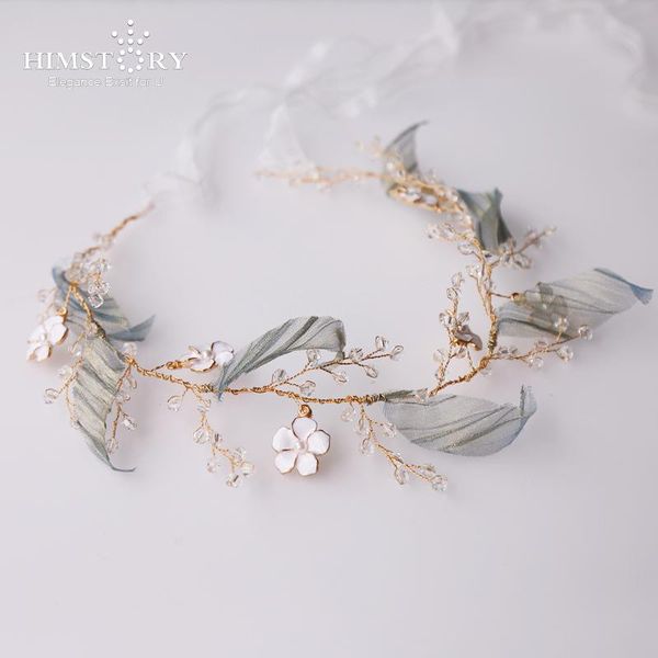 

other himstory small fresh handmade bridal hairband fairy green leaves white flowers crystal wedding dress hair jewelry headpieces, Golden;white