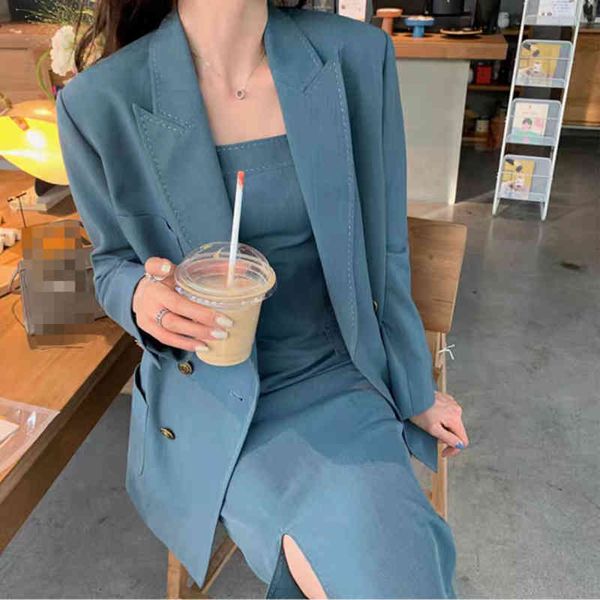 

spring and autumn elegant women's dress suit solid color female blazer suits strap ladias two piece set 210514, White