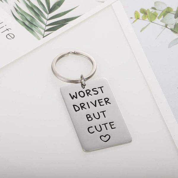 

fashion boyfriend girlfriend worst driver but cute funny drive gifts car keys keychain for husband men women, Slivery;golden