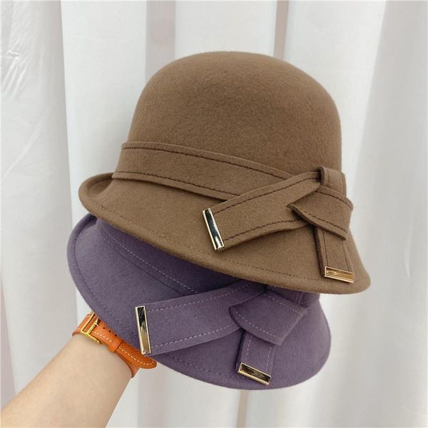 

stingy brim hats fall winter lady korean fashion wool fisherman bucket hat elegant bow basin for women quality wedding fedora bone, Blue;gray