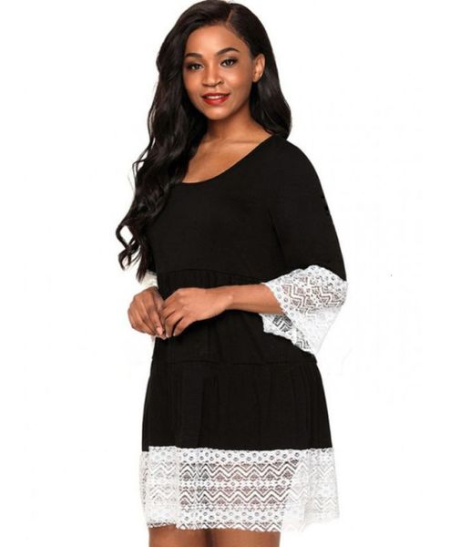 

2021 new fashion 2019 casual lace round neck pullover 5 / s solid dress, Black