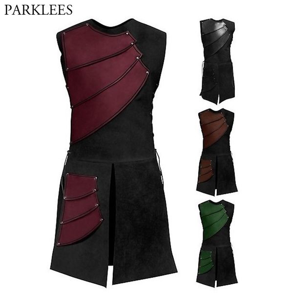 Erkek Patchwork Bandaj Bölünmüş Uzun Yelek Yelek Ortaçağ Cosplay Punk Rock Tarzı Yelek Erkekler Cosplay Steampunk Chaleco Hombre 210522