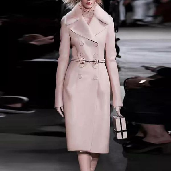 

women's wool & blends 2021 winter fur collar double breasted long-sleeved v-neck temperament slim mid-length woolen coat high quality, Black