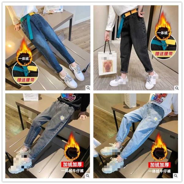 

children's jeans pants 2021 autumn winter plus velvet thick warm kids casual denim trousers for girls 3-16y, Blue