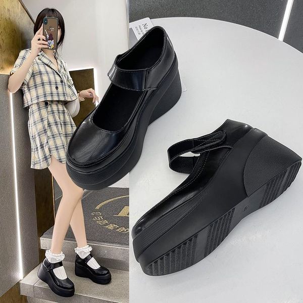 

dress shoes black chunky platform lolita women 2021 pu leather wedges high heels pumps woman japanese style mary jane
