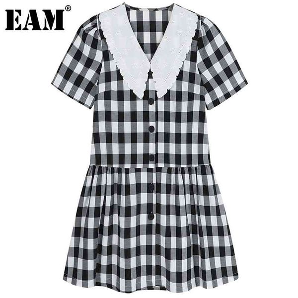 

[eam] women black plaid vintage dress peter pan collar short sleeve loose fit fashion spring summer 1dd8735 210512, Black;gray