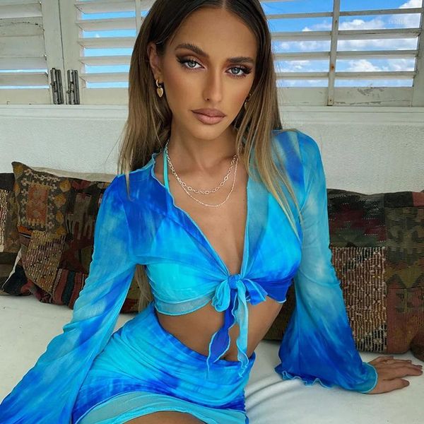 

women's swimwear tie dyed mesh skirt european and american clothing 2021 summer printed open navel trumpet sleeve beach slim suit, White;black