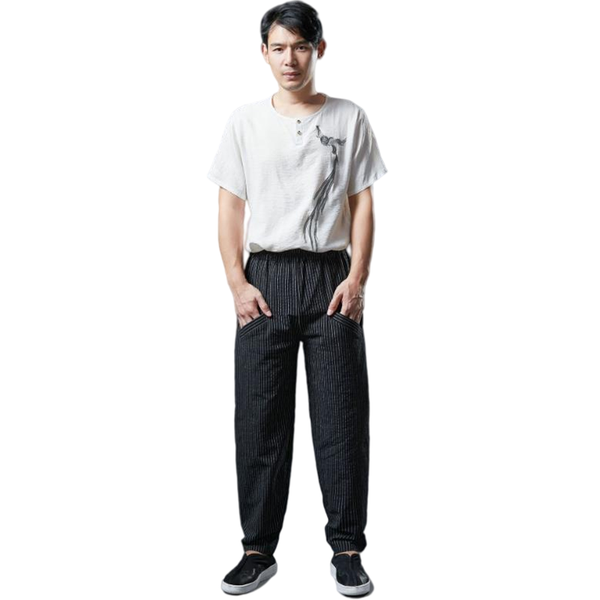 

casual pants men's 2021 spring striped ethnic style retro plus cotton elastic waist loose black trousers wear