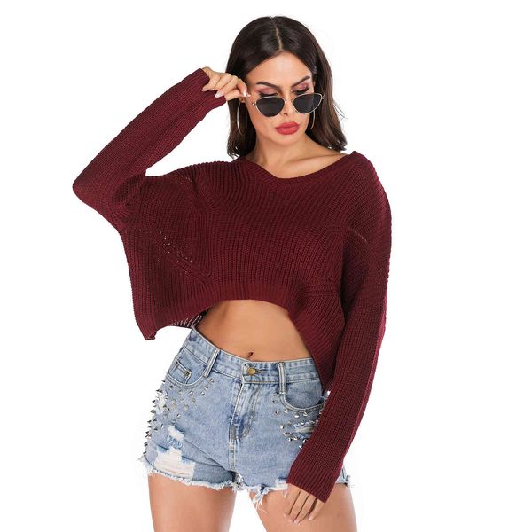 

wine red autumn winter irregular women sweaters and pullovers casual loose elegant temperament v-neck knit crop cotton 210507, White;black