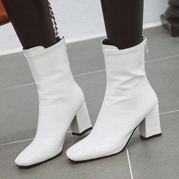 

boots 2021 autumn women's ankle shoes snake leather block high heel red white short female fashion winter large size, Black
