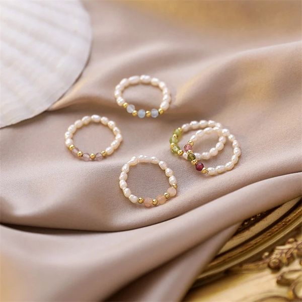 

multi beaded pearl rings natural freshwater pearl geometric rings for women continuous circle minimalist stacked party rings, Silver