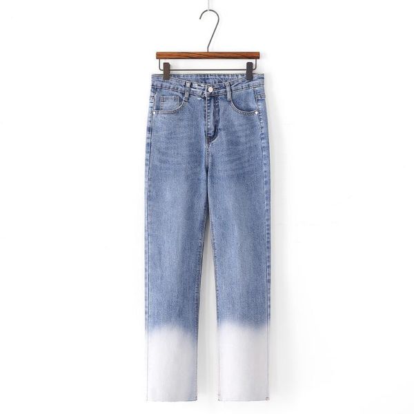 

korean women's high waist and one button gradient denim straight pants jeans, Blue
