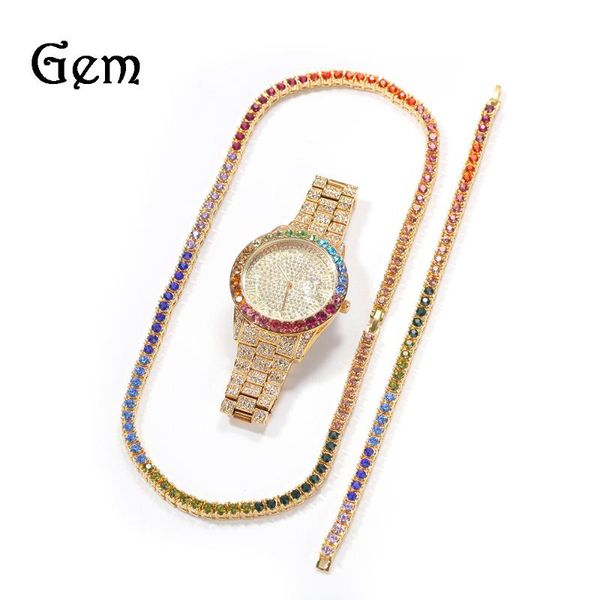

charm bracelets hip hop gumeng alloy color diamond watch three piece set ins wind net red bracelet necklace versatile trendsetter, Golden;silver
