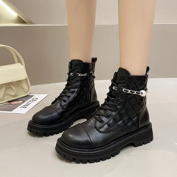 

boots fashion chain lacing round head ankle women solid color flat shoes woman side zipper winter season keep warm snow, Black