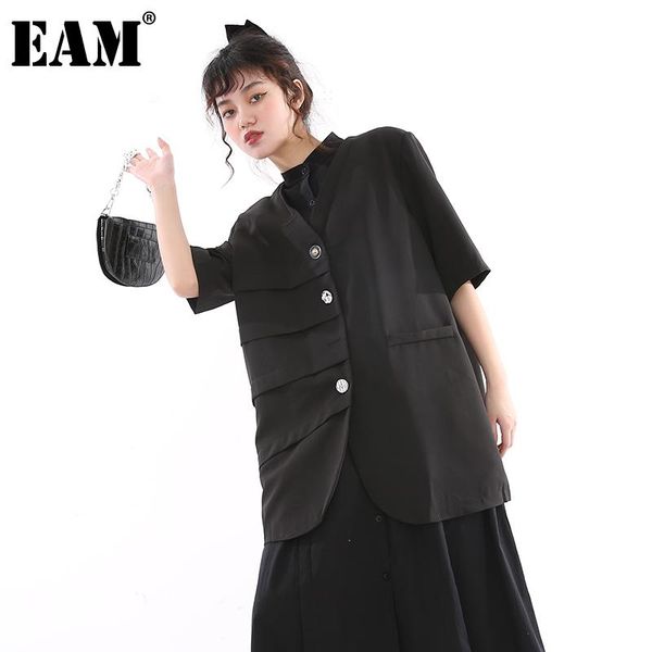 

[eam] women black pleated irregular big sizeblazer v-collar short sleeve loose jacket fashion spring autumn 2021 1x72301 women's suits, White;black