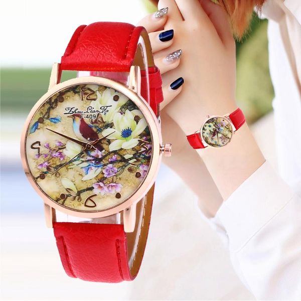 

retro quartz watch faux leather strap couple round dial women watches spring flower and birds printed@88 wristwatches, Slivery;brown