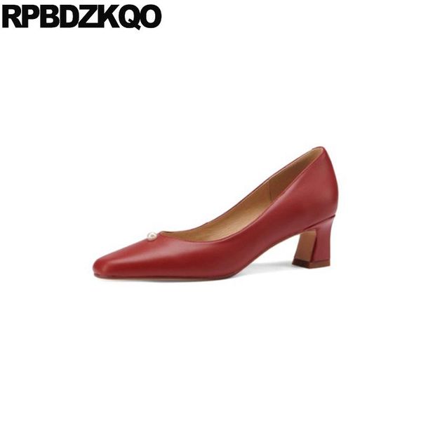 

dress shoes medium heels ladies high size 33 square toe 2021 pearl chic fashion genuine leather elegant women pumps wine red block, Black
