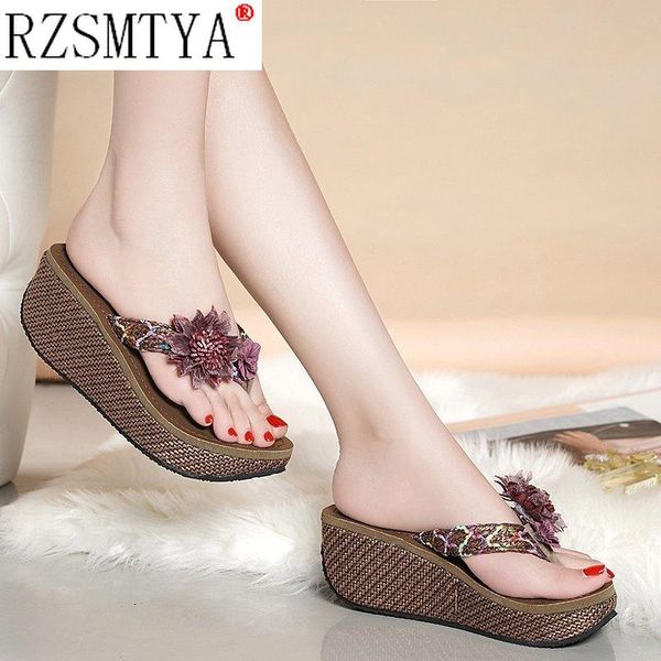 

high heel women wedge non-slip outdoor slipper summer beach shoes female floral flip-flop bohemian string bead lady sandals slippers, Black